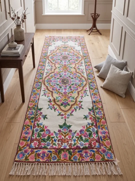 Hand Embroidered Kashmiri Floor Runner (8×2.5 ft) for bedroom, living room, stairs, etc.