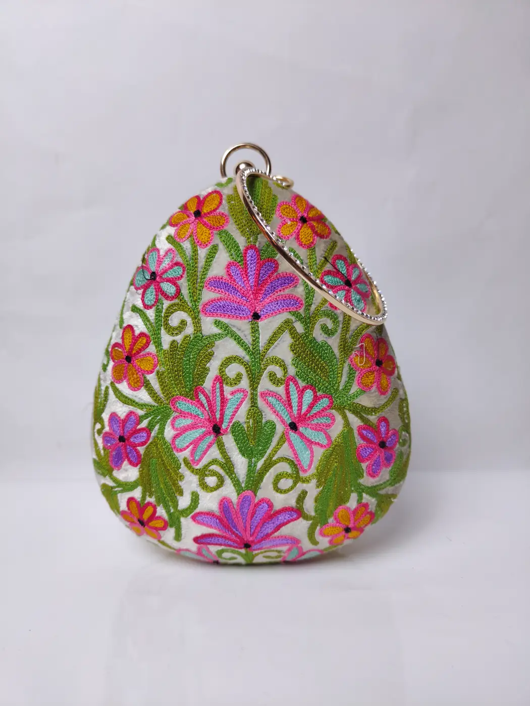 Kashmiri Cream Almond-Shaped Clutch Bag with Aari Embroidery and Sling - Image 2
