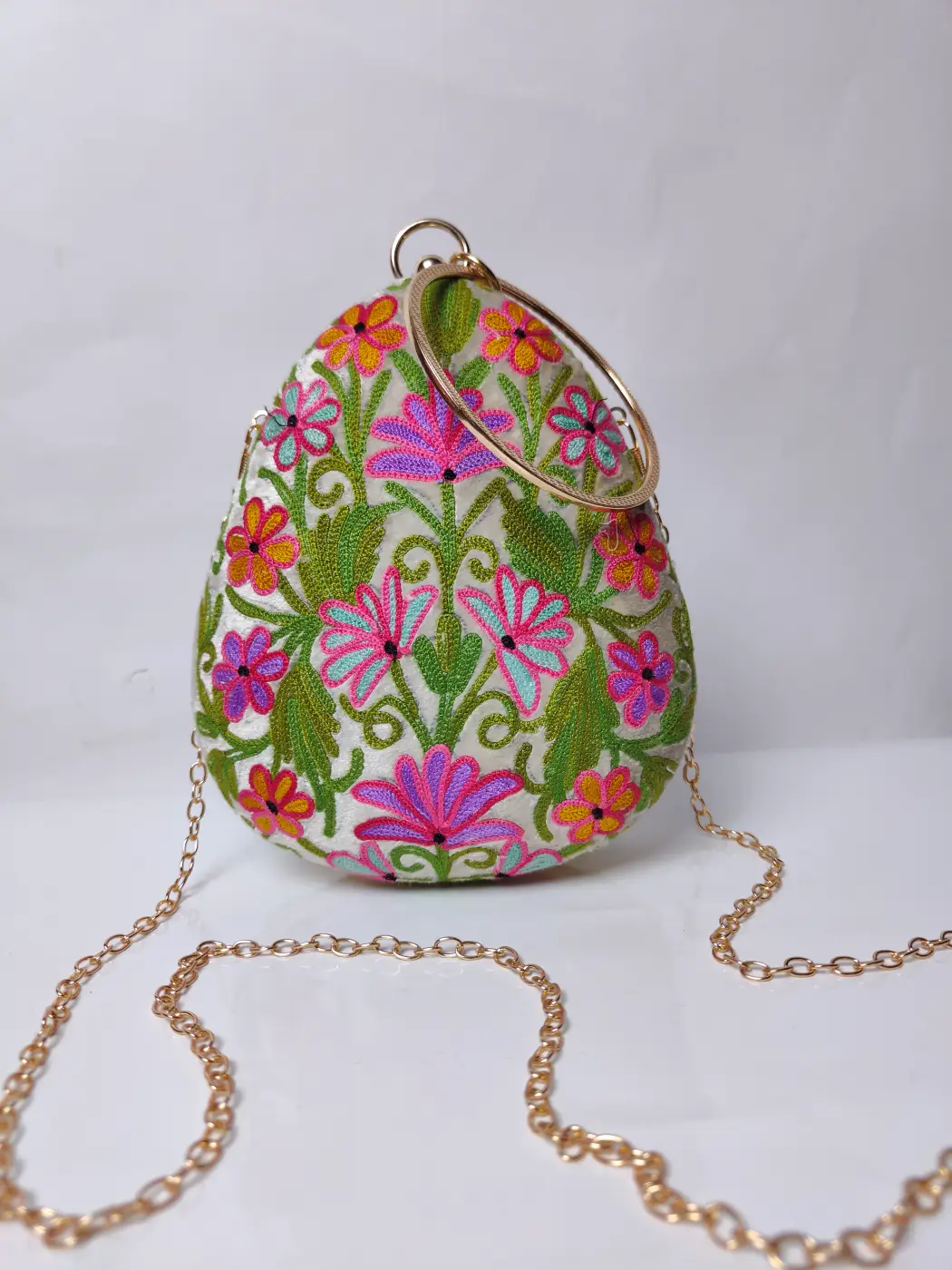 Kashmiri Cream Almond-Shaped Clutch Bag with Aari Embroidery and Sling