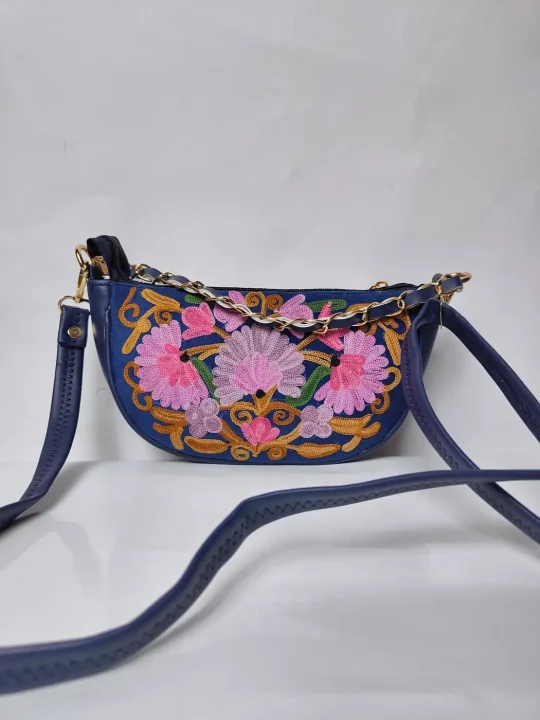 Dark Blue Kashmiri Clutch Bag with Aari Embroidery and Chain