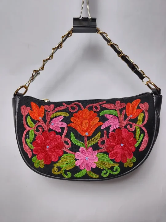 Dark Blue Kashmiri Clutch Bag with Aari Embroidery and Chain