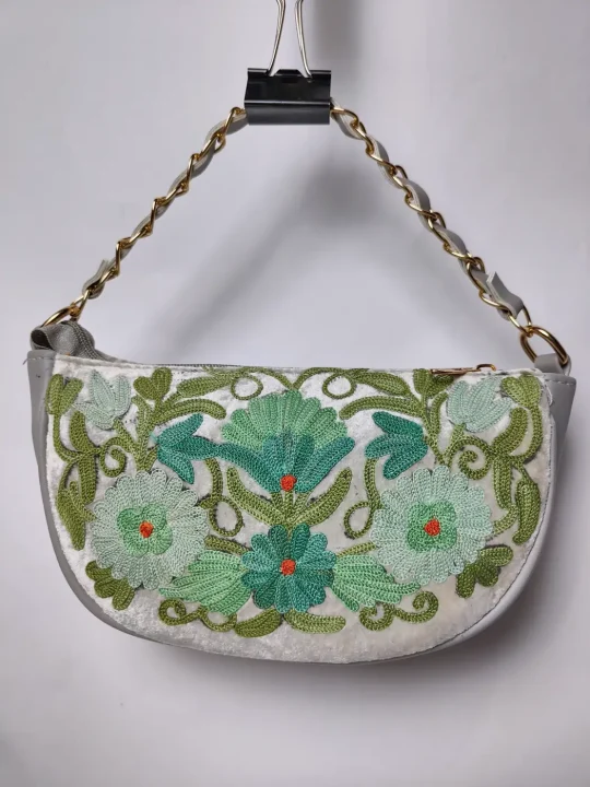 Kashmiri Clutch Bag in Cream with Aari Embroidery and Chain