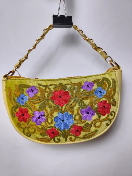 Kashmiri Clutch Bag in Green with Aari Embroidery and Chain
