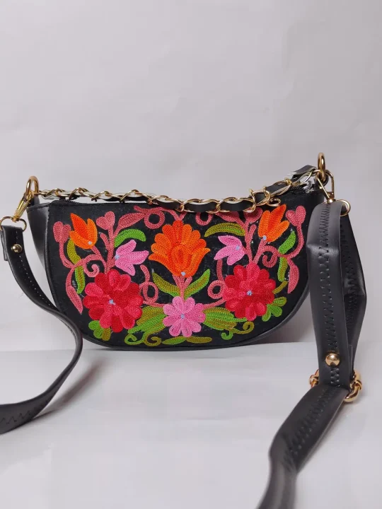Dark Blue Kashmiri Clutch Bag with Aari Embroidery and Chain