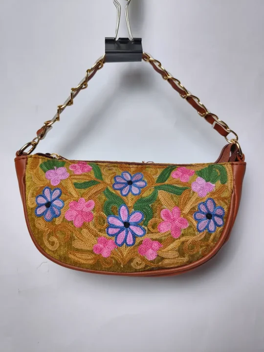 Clutch Bag in Mustard with Kashmiri Aari Embroidery and Chain