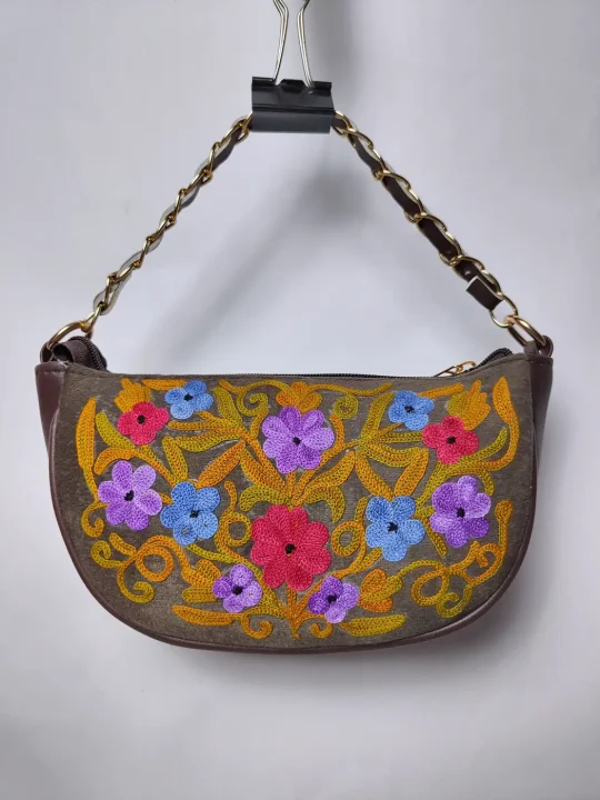 Kashmiri Chocolate Brown Clutch Bag with Aari Embroidery and Chain