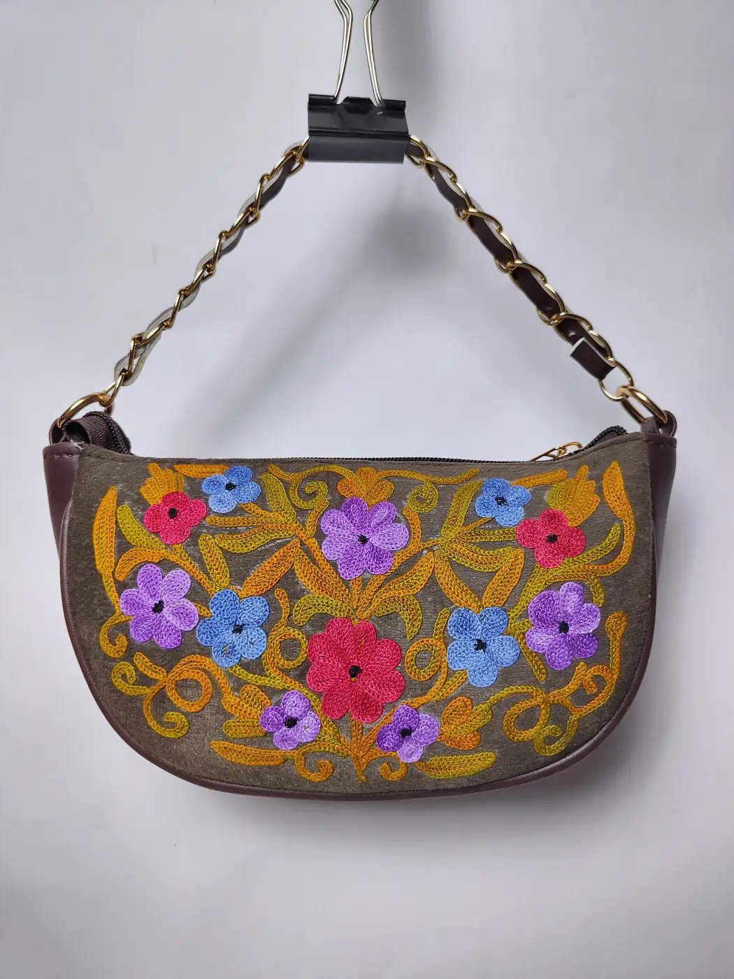 Kashmiri Chocolate Brown Clutch Bag with Aari Embroidery and Chain