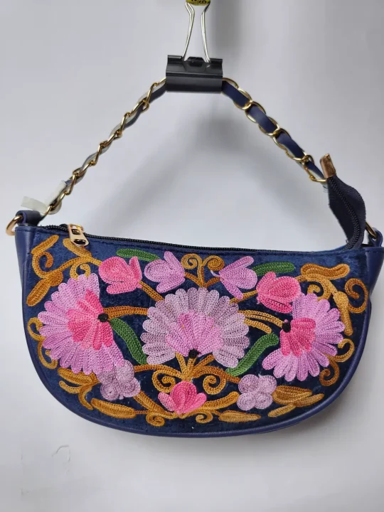 Dark Blue Kashmiri Clutch Bag with Aari Embroidery and Chain