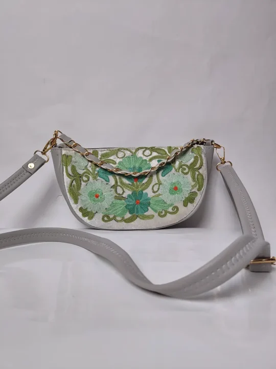 Kashmiri Clutch Bag in Cream with Aari Embroidery and Chain