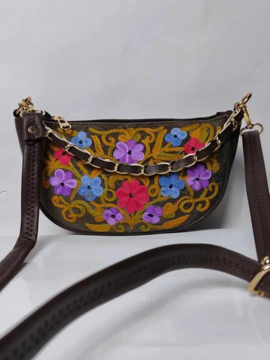 Kashmiri Chocolate Brown Clutch Bag with Aari Embroidery and Chain - Image 2