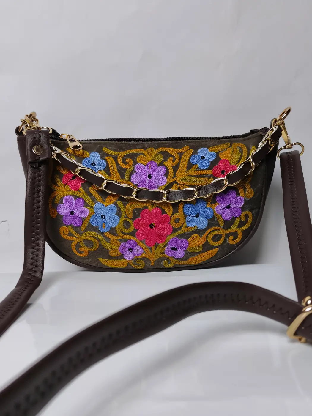 Kashmiri Chocolate Brown Clutch Bag with Aari Embroidery and Chain - Image 2