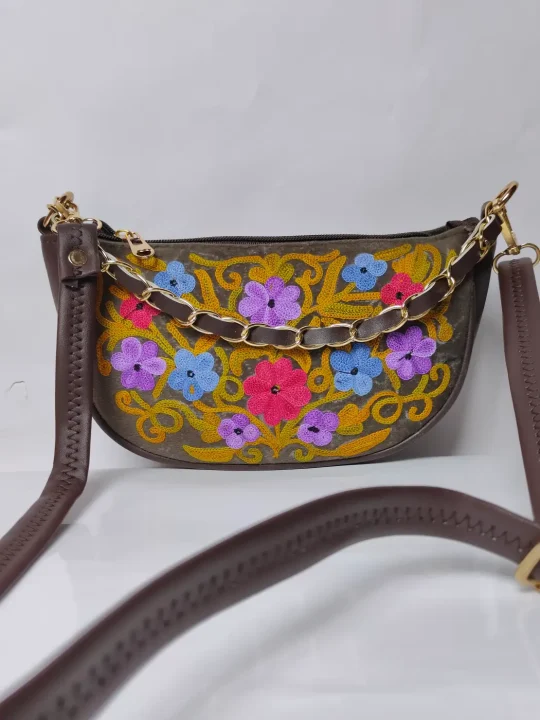 Kashmiri Chocolate Brown Clutch Bag with Aari Embroidery and Chain