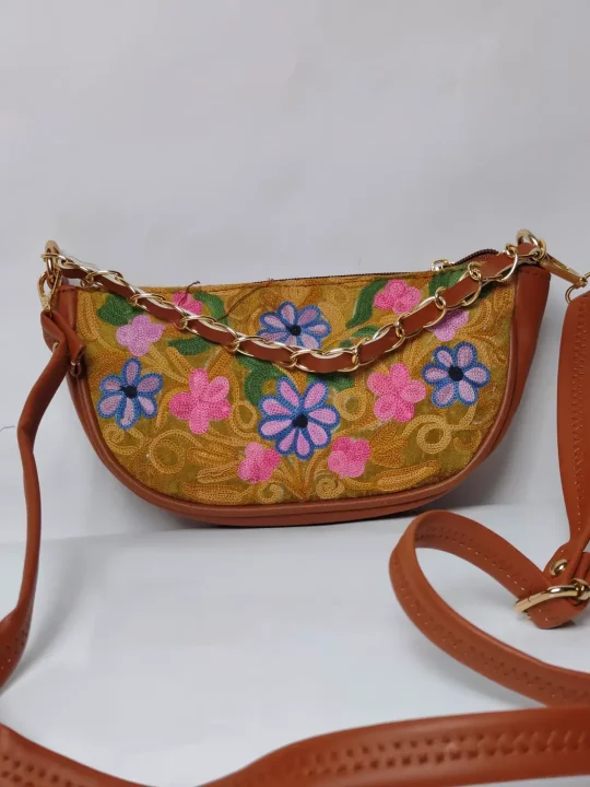 Clutch Bag in Mustard with Kashmiri Aari Embroidery and Chain