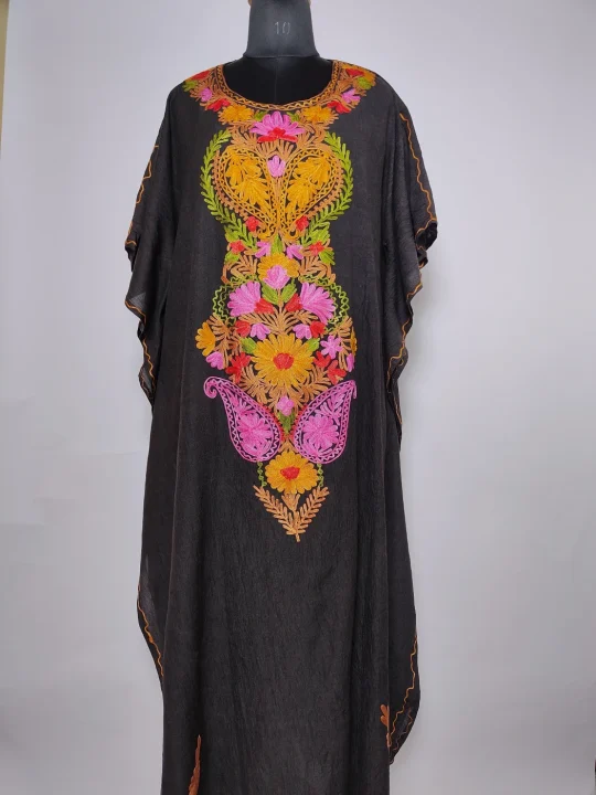 Long Kashmiri Black Kaftan in Crush Cotton with Aari Embroidery