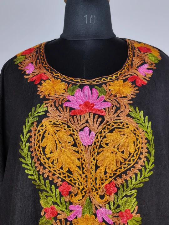 Long Kashmiri Black Kaftan in Crush Cotton with Aari Embroidery