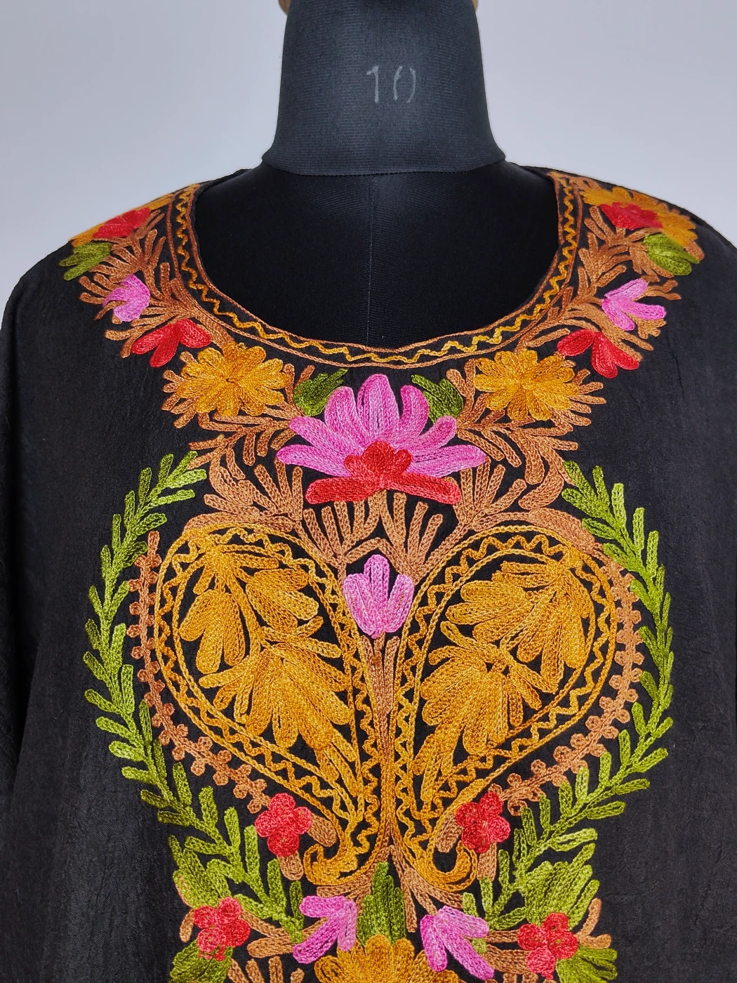 Long Kashmiri Black Kaftan in Crush Cotton with Aari Embroidery