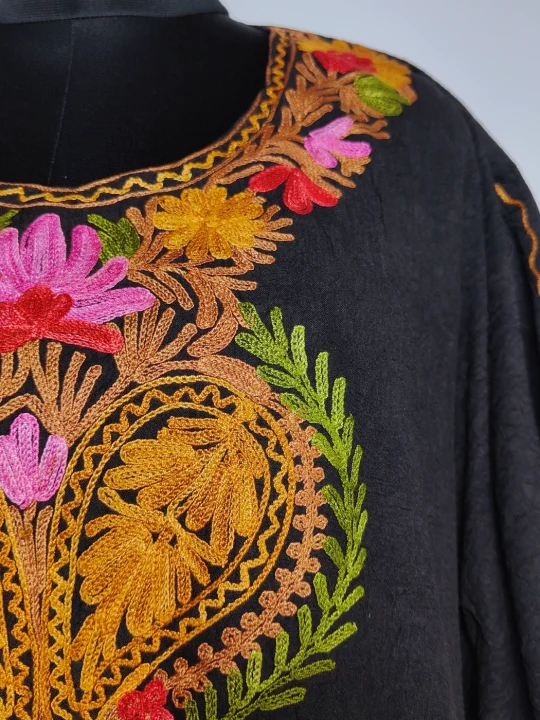 Long Kashmiri Black Kaftan in Crush Cotton with Aari Embroidery