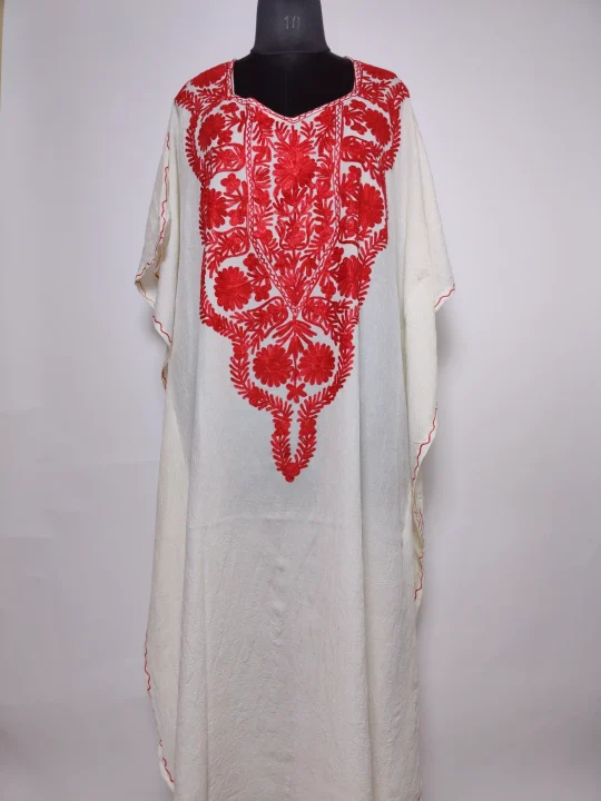 White Long Kashmiri Kaftan in Crush Cotton with Aari Embroidery Haseen
