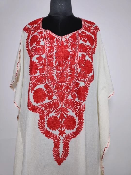 White Long Kashmiri Kaftan in Crush Cotton with Aari Embroidery Haseen