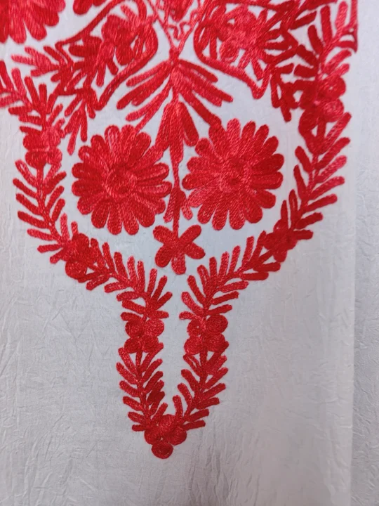 White Long Kashmiri Kaftan in Crush Cotton with Aari Embroidery Haseen