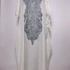 Dilbar White Long Kashmiri Kaftan in Crush Cotton with Aari Embroidery