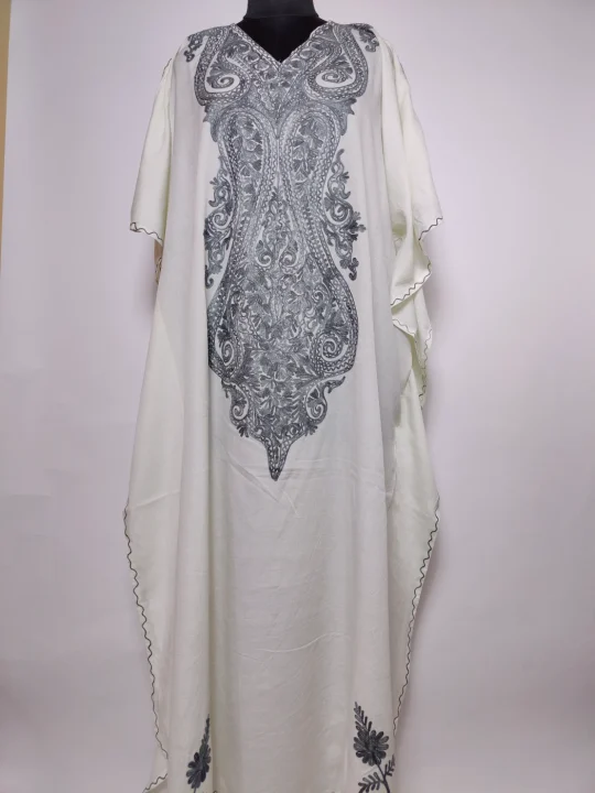 Dilbar White Long Kashmiri Kaftan in Crush Cotton with Aari Embroidery