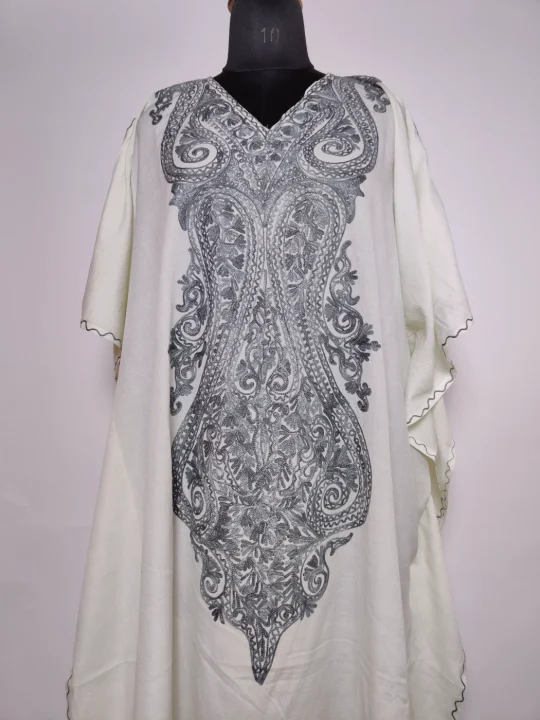 Dilbar White Long Kashmiri Kaftan in Crush Cotton with Aari Embroidery
