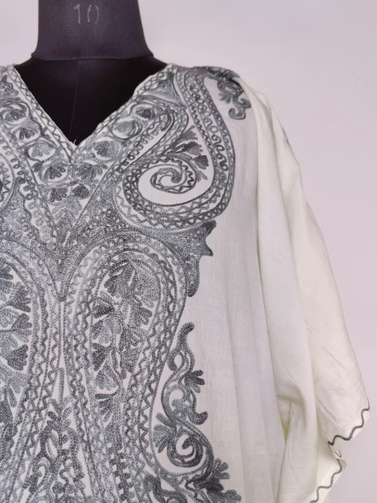Dilbar White Long Kashmiri Kaftan in Crush Cotton with Aari Embroidery
