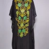 Black Long Kashmiri Kaftan in Crush Cotton with Rozan Aari Embroidery