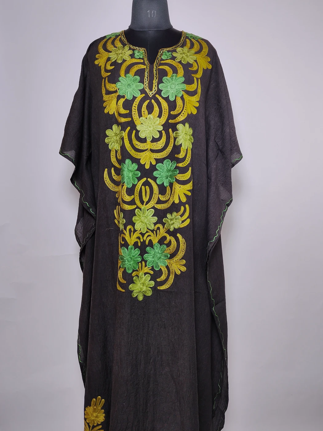 Black Long Kashmiri Kaftan in Crush Cotton with Rozan Aari Embroidery