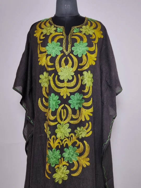 Black Long Kashmiri Kaftan in Crush Cotton with Rozan Aari Embroidery