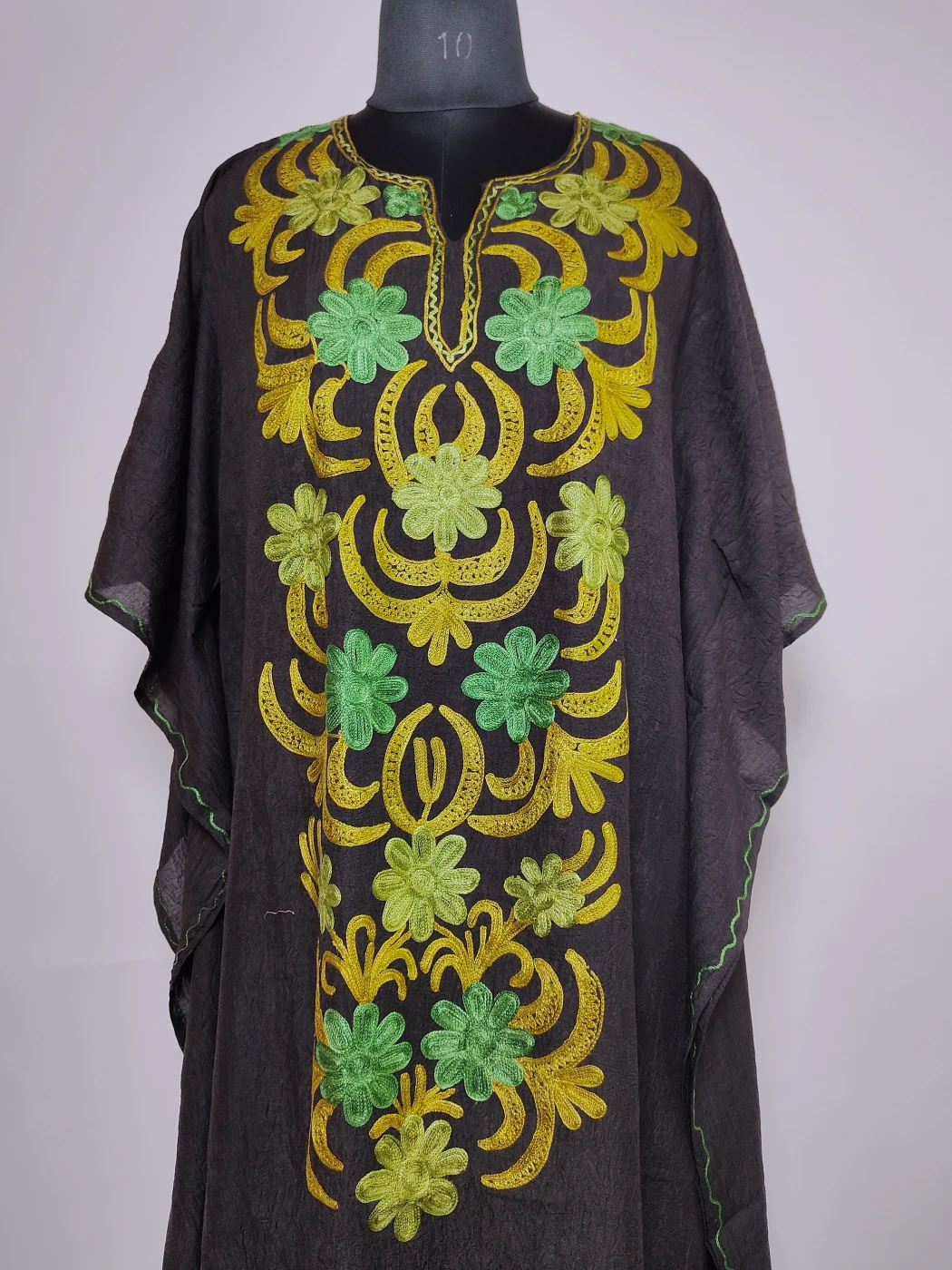 Black Long Kashmiri Kaftan in Crush Cotton with Rozan Aari Embroidery