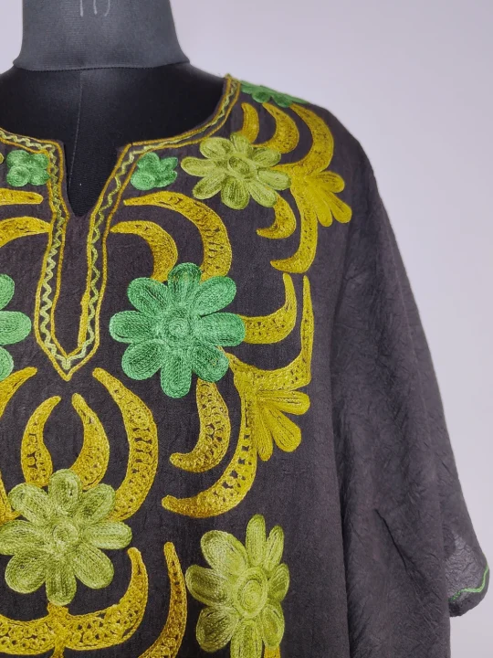 Black Long Kashmiri Kaftan in Crush Cotton with Rozan Aari Embroidery