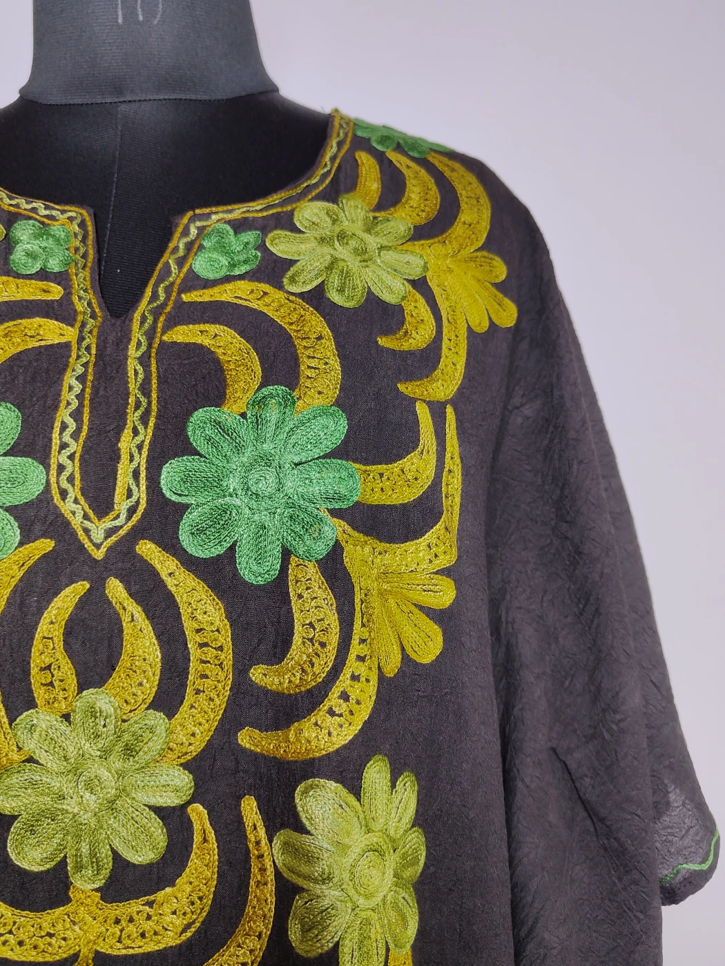 Black Long Kashmiri Kaftan in Crush Cotton with Rozan Aari Embroidery