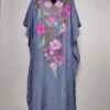 Rawayat Green Long Kashmiri Kaftan in Crush Cotton with Aari Embroidery