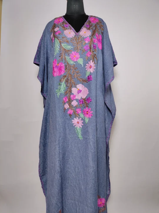 Rawayat Green Long Kashmiri Kaftan in Crush Cotton with Aari Embroidery