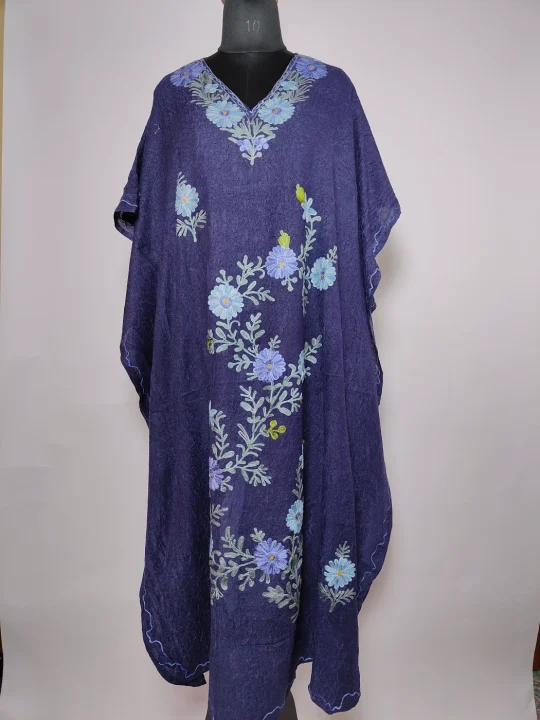 Nafees Long Kashmiri Kaftan in Navy Blue Crush Cotton with Aari Embroidery
