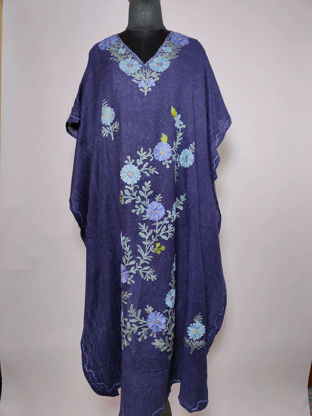 Nafees Long Kashmiri Kaftan in Navy Blue Crush Cotton with Aari Embroidery