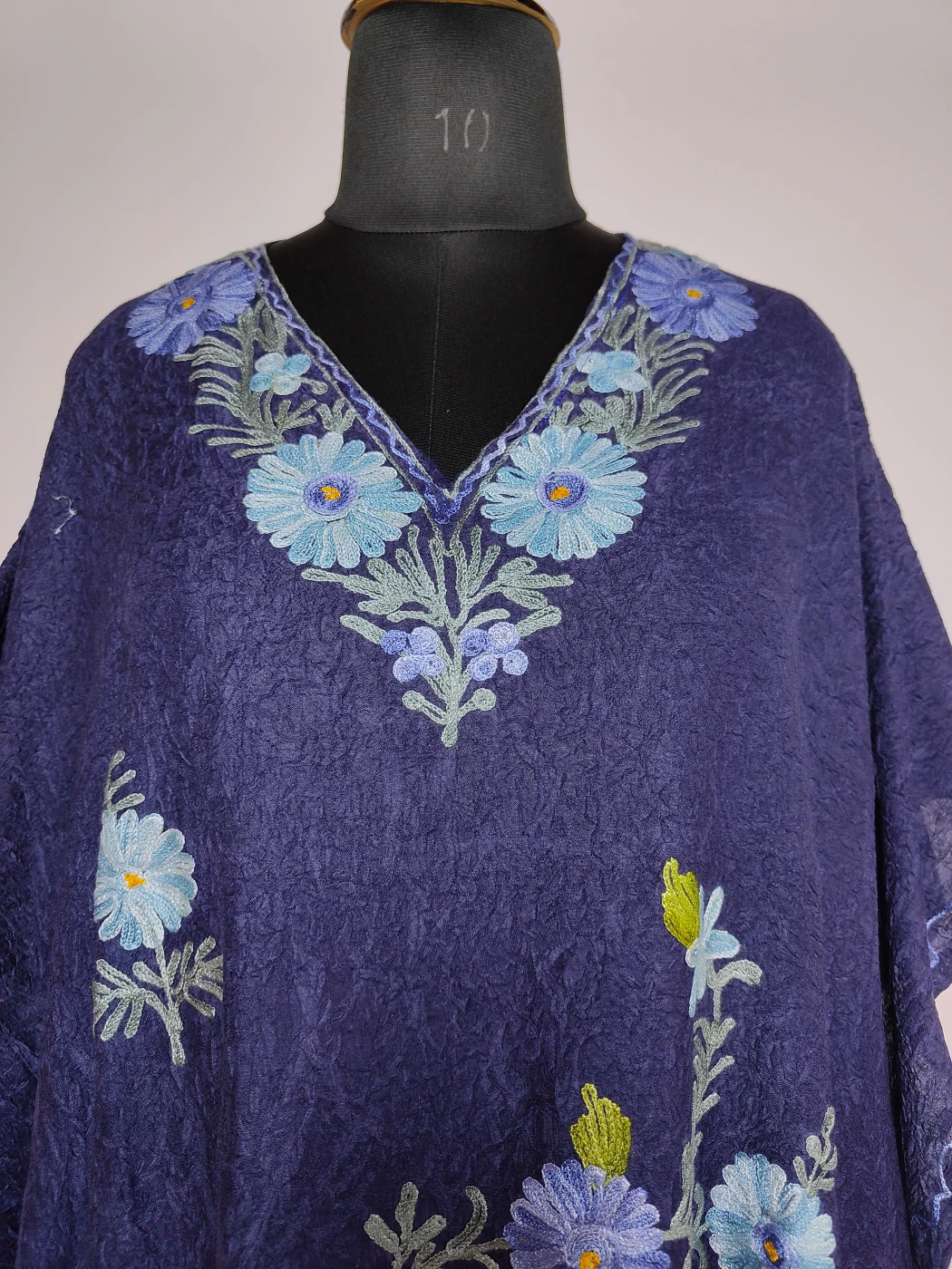 Nafees Long Kashmiri Kaftan in Navy Blue Crush Cotton with Aari Embroidery