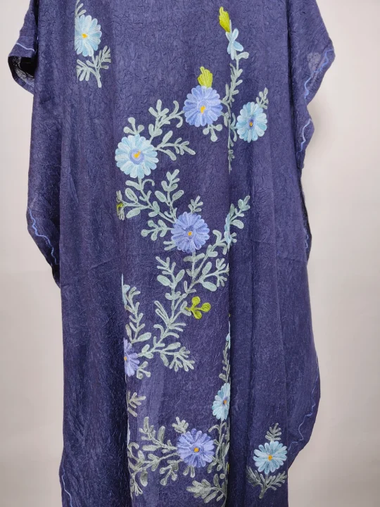 Nafees Long Kashmiri Kaftan in Navy Blue Crush Cotton with Aari Embroidery