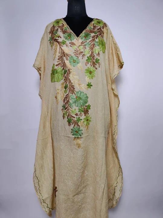 Mehfil Long Kashmiri Kaftan in Light Beige Crush Cotton with Aari Embroidery