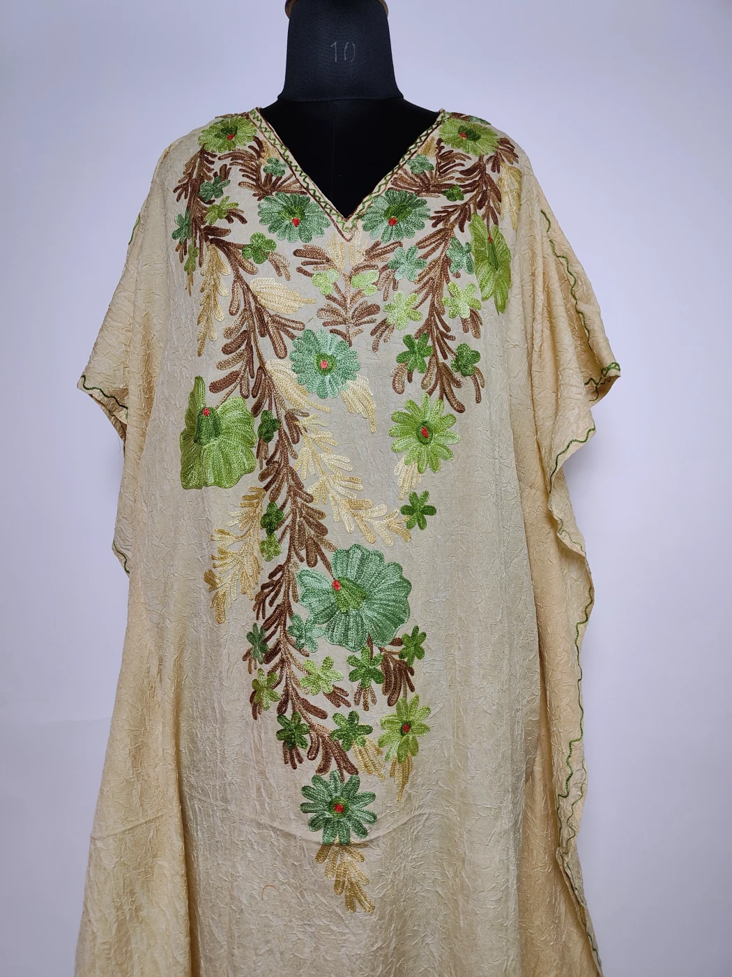 Mehfil Long Kashmiri Kaftan in Light Beige Crush Cotton with Aari Embroidery