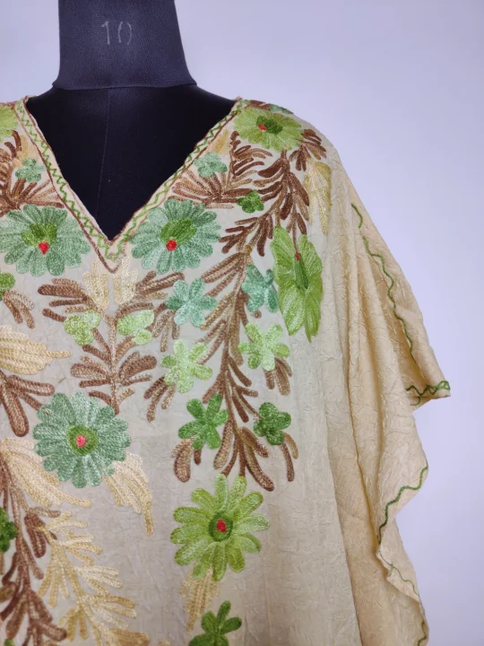 Mehfil Long Kashmiri Kaftan in Light Beige Crush Cotton with Aari Embroidery