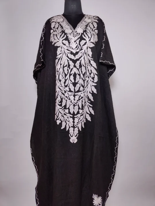 Kashmiri Bazm Long Kaftan in Black Crush Cotton with Aari Embroidery