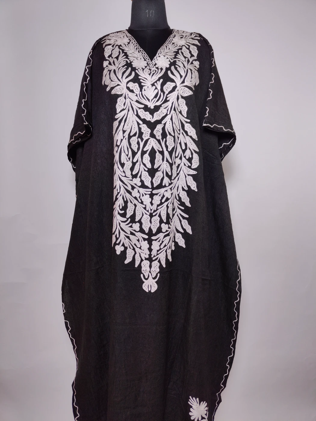 Kashmiri Bazm Long Kaftan in Black Crush Cotton with Aari Embroidery