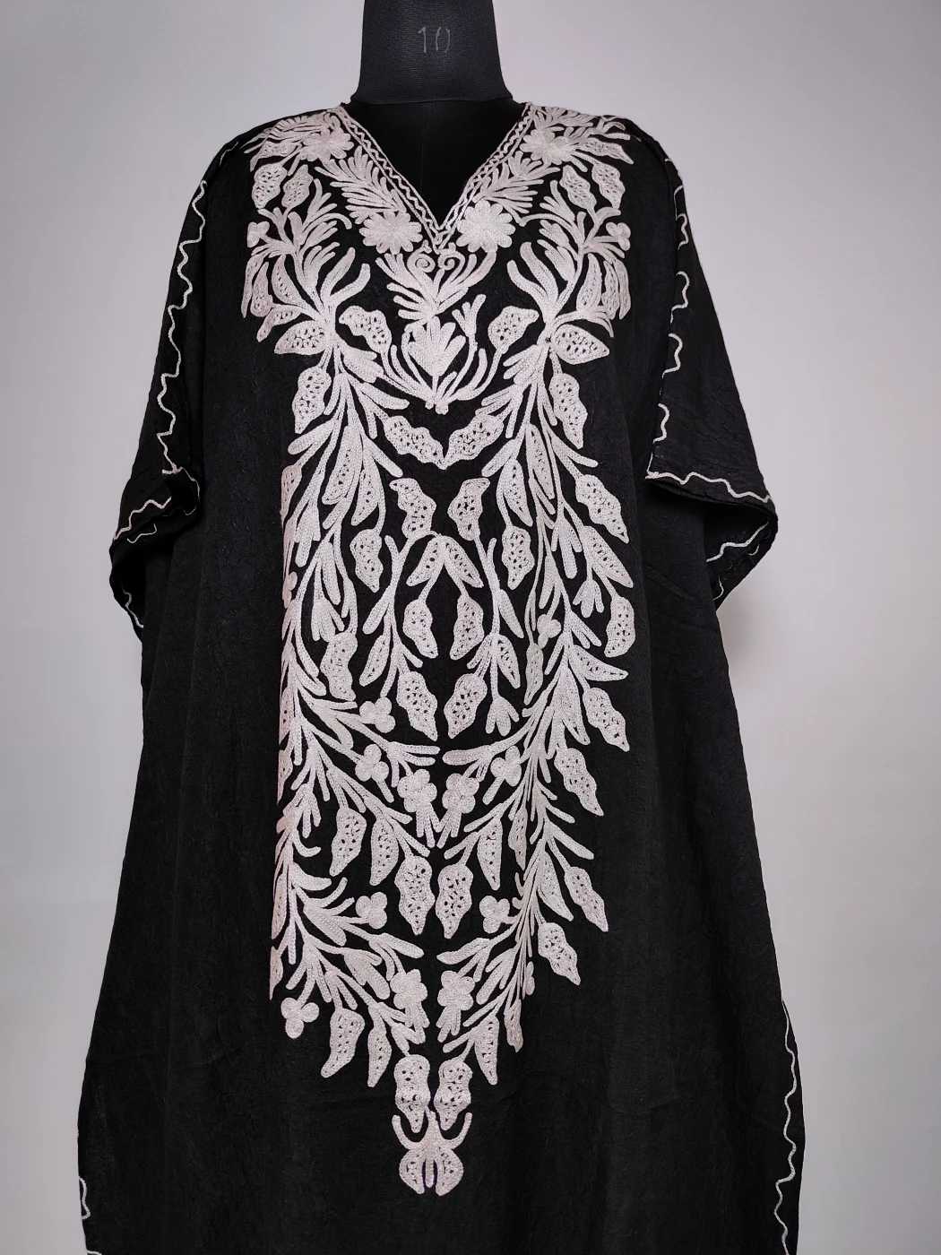 Kashmiri Bazm Long Kaftan in Black Crush Cotton with Aari Embroidery