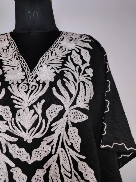 Kashmiri Bazm Long Kaftan in Black Crush Cotton with Aari Embroidery