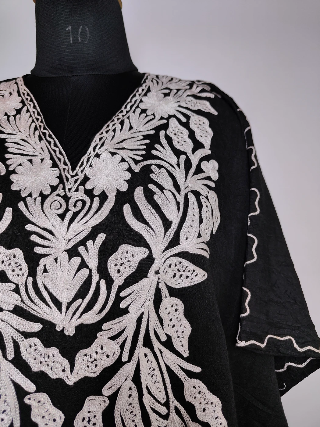 Kashmiri Bazm Long Kaftan in Black Crush Cotton with Aari Embroidery