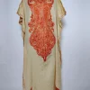 Light Beige Long Kaftan in Crush Cotton with Aari Embroidery