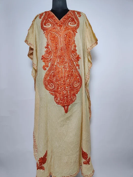 Light Beige Long Kaftan in Crush Cotton with Aari Embroidery